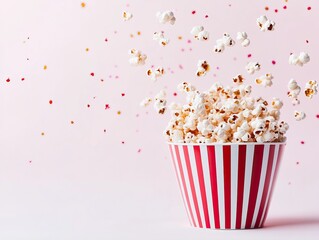A vibrant bowl of popcorn bursts with fluffy kernels, set against a soft pink background, creating a playful and festive atmosphere.