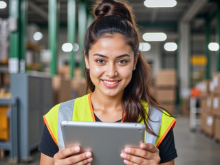 headshot portrait photo of a business person: A woman in a warehouse holding a tablet computer.
