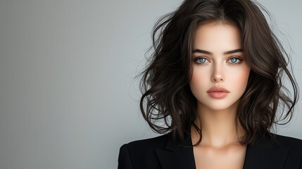 Artistic fair-skinned woman gentle blue eyes voluminous black curls tied back elegant suit monochrome portrait Ultra-Realistic Photo Realistic highly detailed 