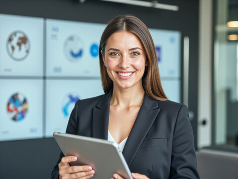 headshot portrait photo of a business person: A woman in a business suit holding a tablet computer.