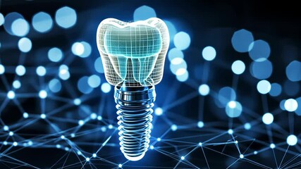 Advanced dental technology showcases a 3D tooth implant set against a network of digital connections and lights - Powered by Adobe