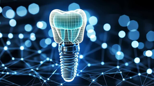 Advanced dental technology showcases a 3D tooth implant set against a network of digital connections and lights