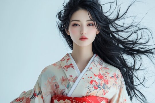 Studio portrait of a young woman with long black hair, wearing a traditional japanese kimono with a floral pattern