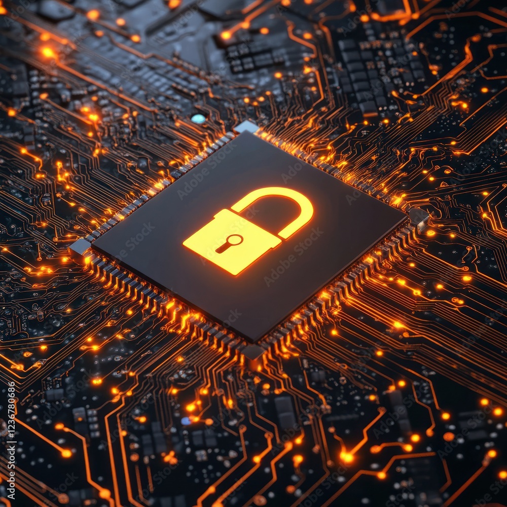 Poster orange glowing lock on a circuit board symbolizing cyber security and data protection