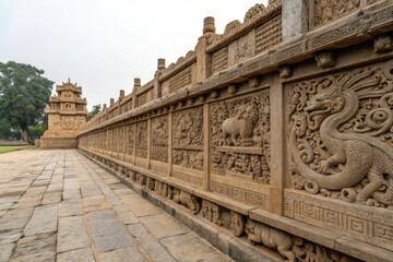 Obraz premium Intricate stone carvings on an ancient wall depicting mystical creatures, ancient, mythical, stone carving, mystic