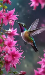 Iridescent hummingbird feeding through delicate fuchsia petals, outdoor landscape, tiny bird