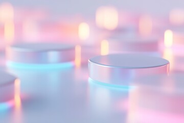Soft-focus circular bokeh lights in gradient tones of blue and pink create an ethereal atmosphere, resembling light through a lens and inviting a modern, dreamy vibe