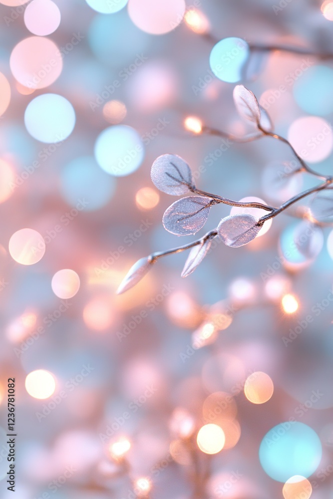 Poster delicate branches with small leaves softly glisten against a backdrop of circular bokeh lights in gr