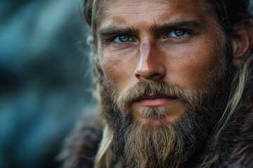 Obraz premium Portrait of a viking warrior with intense blue eyes, long blonde hair, and a thick beard, conveying strength and determination