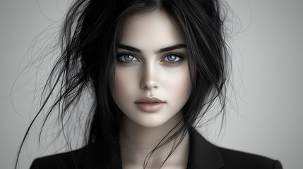 Naklejka premium Captivating woman fair-skinned bright blue eyes elegant black curls loose bun stylish professional suit tonal black and white Ultra-Realistic Photo Realistic highly detailed 