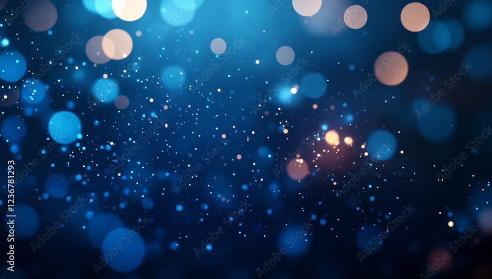 Poster abstract blue bokeh background with glittering particles and soft lights.