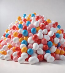 Large number of balloons on a white surface with shadows , deflated balloons, white background