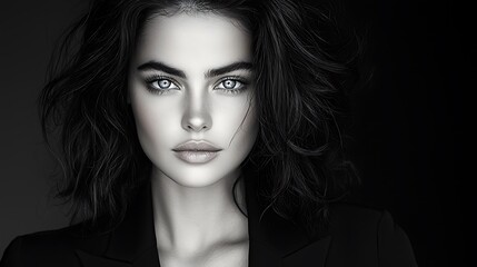 Compelling woman striking blue eyes fair complexion professional attire natural black curls pulled back monochrome portrait Ultra-Realistic Photo Realistic highly detailed 