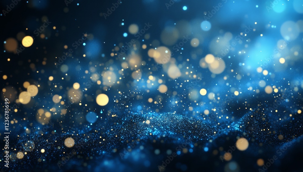 Poster abstract blue and gold particle background with bokeh effect.