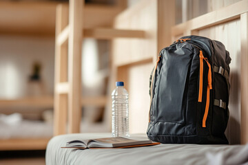 A black backpack rests on a bunk bed, accompanied by a travel guidebook and a water bottle, set in a welcoming hostel space that inspires wanderlust and adventure