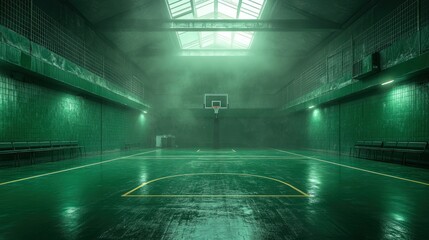 Empty, misty, green basketball court in an abandoned gym