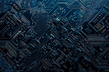 Abstract close-up of a glowing blue digital circuit board, showcasing intricate connections and technological design on a black background.
