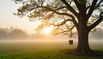 Tree with swing at sunrise in misty field for nature blogs, websites, greeting cards, landscape designs, educational materials, and tranquil digital artwork