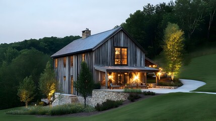 Modern rustic house with warm lights at twilight in serene environment