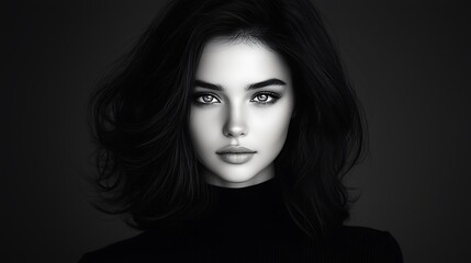 Fototapeta premium Elegant monochrome woman radiant fair skin sharp blue eyes relaxed black curls tailored outfit grayscale perfection Ultra-Realistic Photo Realistic highly detailed 