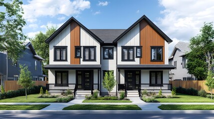 Modern Duplex Home Design with Stylish Exterior and Lush Landscaping