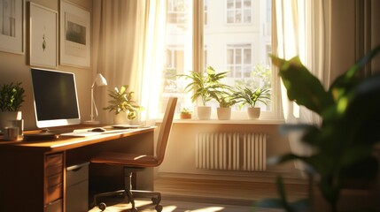 Fototapeta premium Sunlit Home Office Workspace: A Serene and Productive Environment