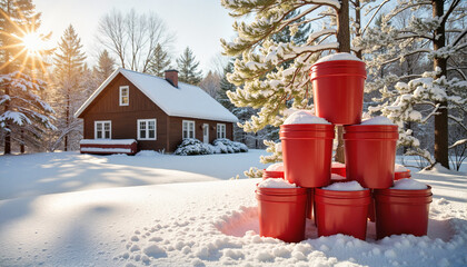 Red buckets piled in winter snow with a cozy cabin in the background for blogs, websites, seasonal designs, greeting cards, winter decor, and holiday-themed presentations