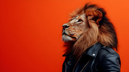 Lion wearing a stylish leather jacket standing confidently with a bold and charismatic presence exuding strength and attitude ultra-detailed high-quality studio portrait