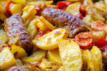 grilled potato and meat sausage with vegetables
