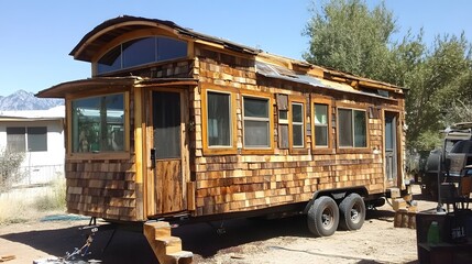 Obraz premium Charming Wooden Tiny House on Wheels Surrounded by Nature