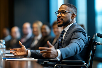 Male businessman in wheelchair at conference, empowerment and leadership during business meetings with diverse professionals