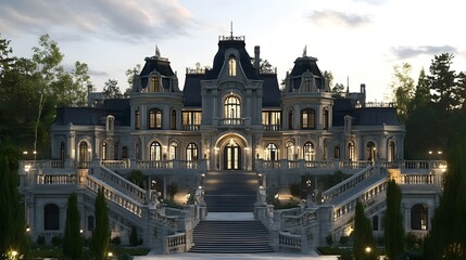 Obraz premium Luxurious Historic Mansion Surrounded by Lush Greenery at Dusk