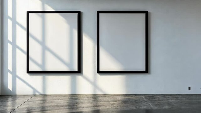Empty frames on a wall bathed in natural light create a minimalist atmosphere in an art gallery space