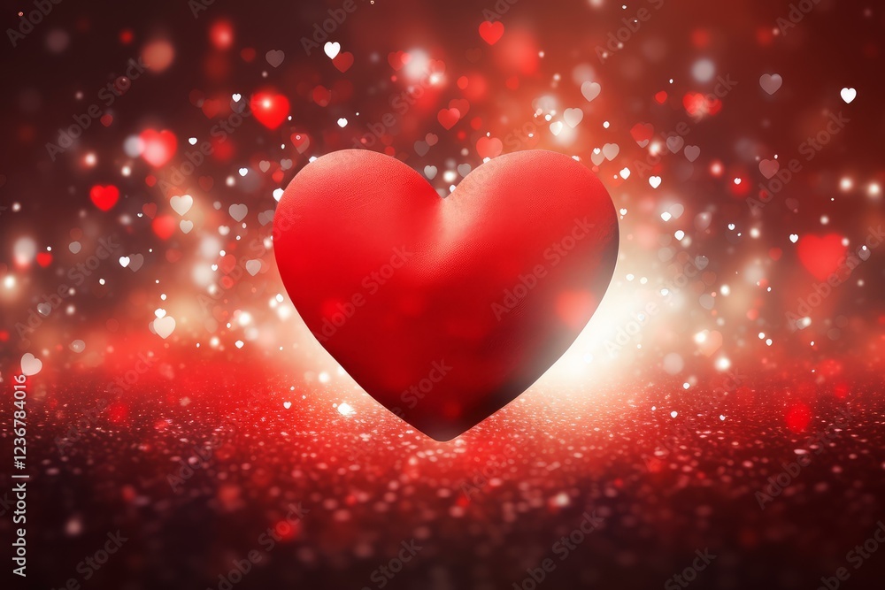 Poster romantic red heart floating on a sparkling red background with small hearts representing love and af