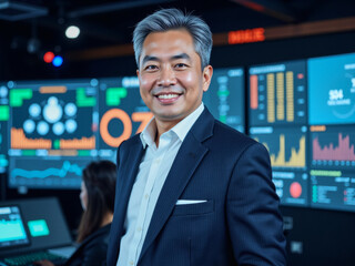 headshot portrait photo of a business person: A man in a suit standing in front of a computer screen.