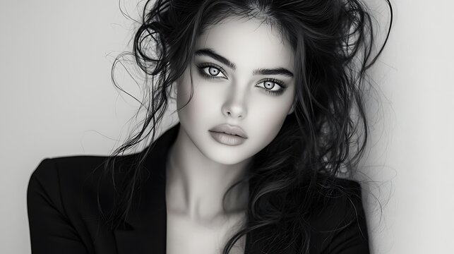 Sophisticated fair-skinned woman icy blue eyes defined black curls relaxed updo chic suit black and white contrast Ultra-Realistic Photo Realistic highly detailed 