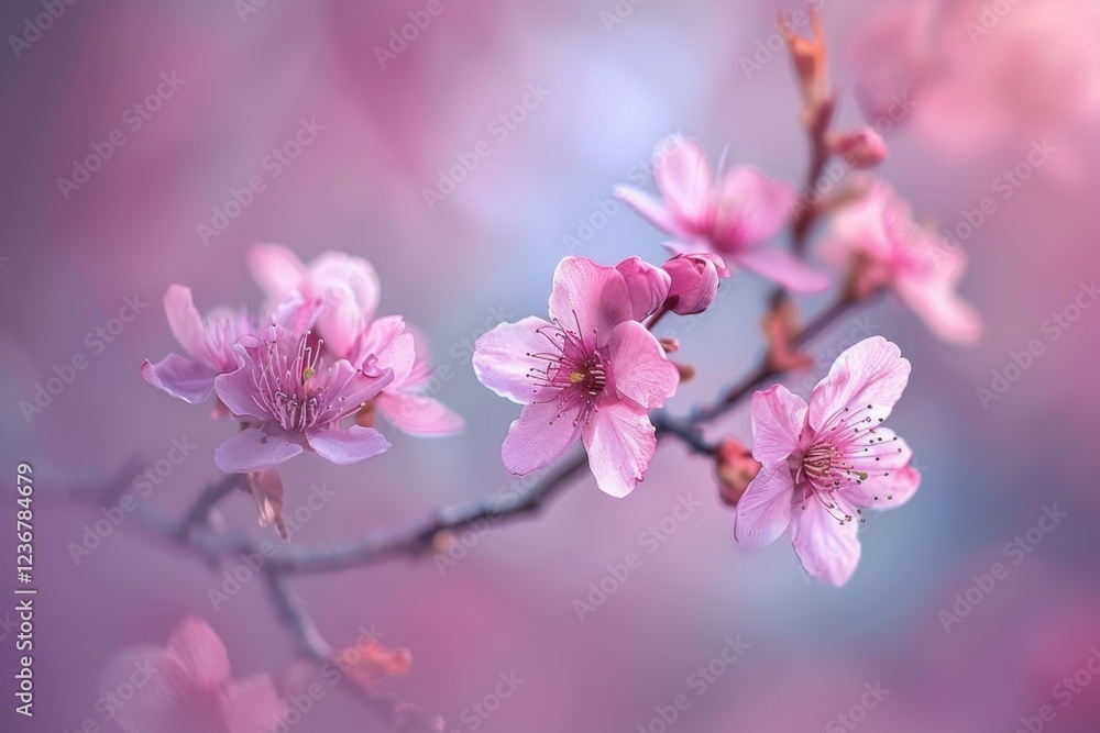 Wall mural Beautiful pink cherry blossoms blooming on a branch in springtime, creating a serene and dreamy atmosphere