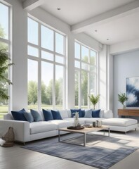 Modern white and blue open concept living area with a large window, white walls, collaborative space, open plan, comfortable seating, blue accents