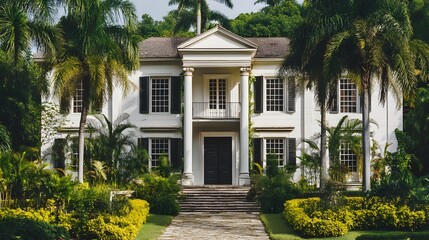 Fototapeta premium Elegant Colonial Style House Surrounded by Tropical Plants and Gardens