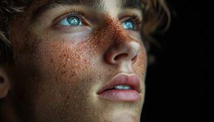 Obraz premium Young Man with Freckles Gazing Upward