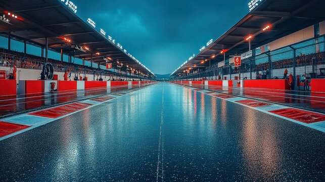Empty wet race track pit lane at night - Powered by Adobe