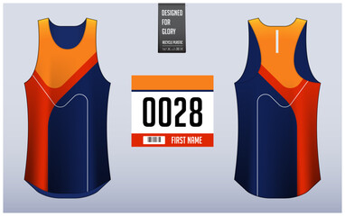 Running shirt design template, Tank top jersey mockup for athlete. Running singlet pattern. Uniform front view back view.