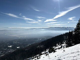 The photo was taken from one of the high mountains of the Vysokie Tatry Park, depicting a...