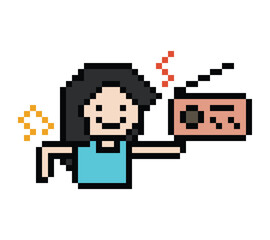 Obraz premium Cute cartoon pixel character woman exercises listen music dance lifestyle music decoration life style 8 bit female girl dance lady music game 8bit listen love isolated PNG vector.