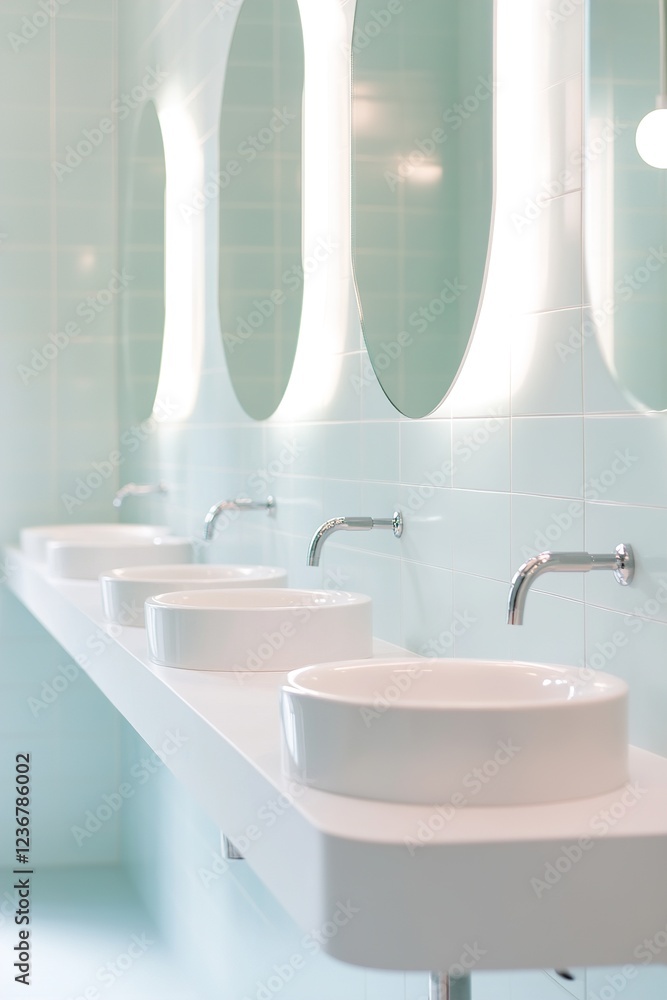 Poster bright and minimalist shared bathroom features individual sinks and mirrors, designed for functional