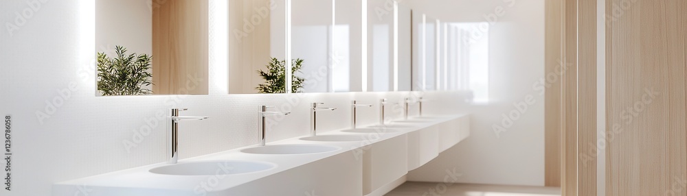 Poster this shared bathroom features individual sinks and mirrors, designed with a clean and minimal aesthe
