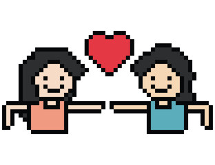 Obraz premium Cute pixel cartoon 8bit character couple together feel love happy heart soulmate relationship decoration 8 bit couple in love valentine day game isolated PNG vector.