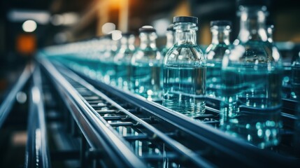 Fototapeta premium Bottles on Conveyor Belt in Factory
