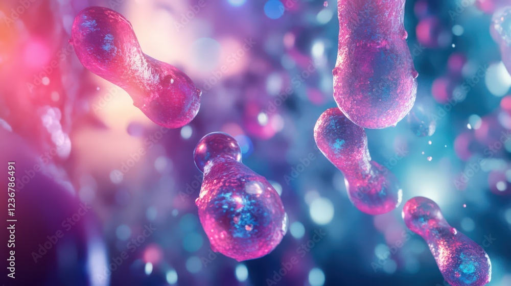 Poster microscopic view of bacteria cells with vibrant colors and abstract bokeh background