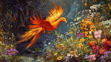 A vibrant, mythical phoenix with fiery orange and yellow plumage soars through a lush, enchanted forest filled with a colorful array of flowers. The background captures a mystical ambiance with dapple